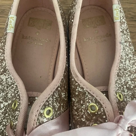 Kate Spade Keds Rose Gold Glitter Sneakers with Pink Satin Laces Size 6.5 - Picture 3 of 9
